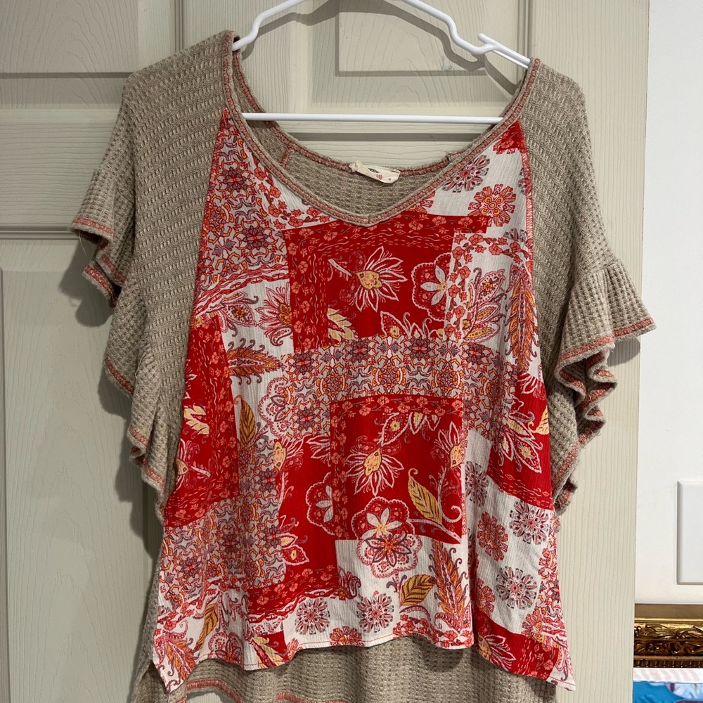 Hummingbird Red and White Ruffled Cap Sleeve Blouse